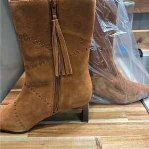 Madewell Tan Suede Tassel Mid-Calf Heeled Boots